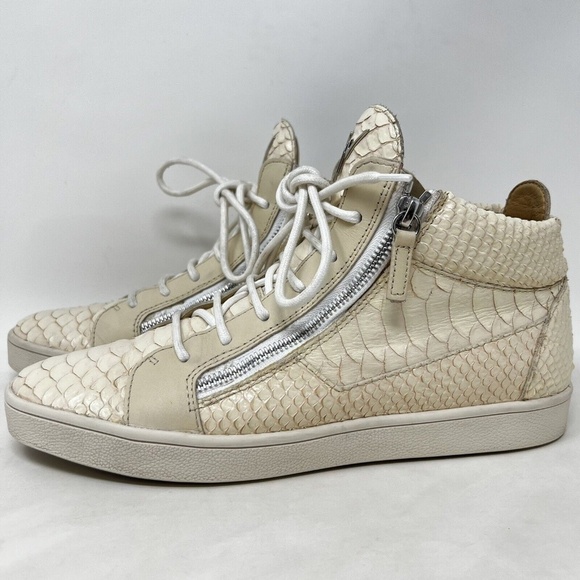 Giuseppe Zanotti Cream Python Embossed Leather Double Zip High Top Sneakers 40 - Picture 2 of 13